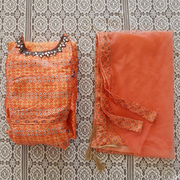 Silk printed Anarkali with netted Dupatta - Picture 3 of 5